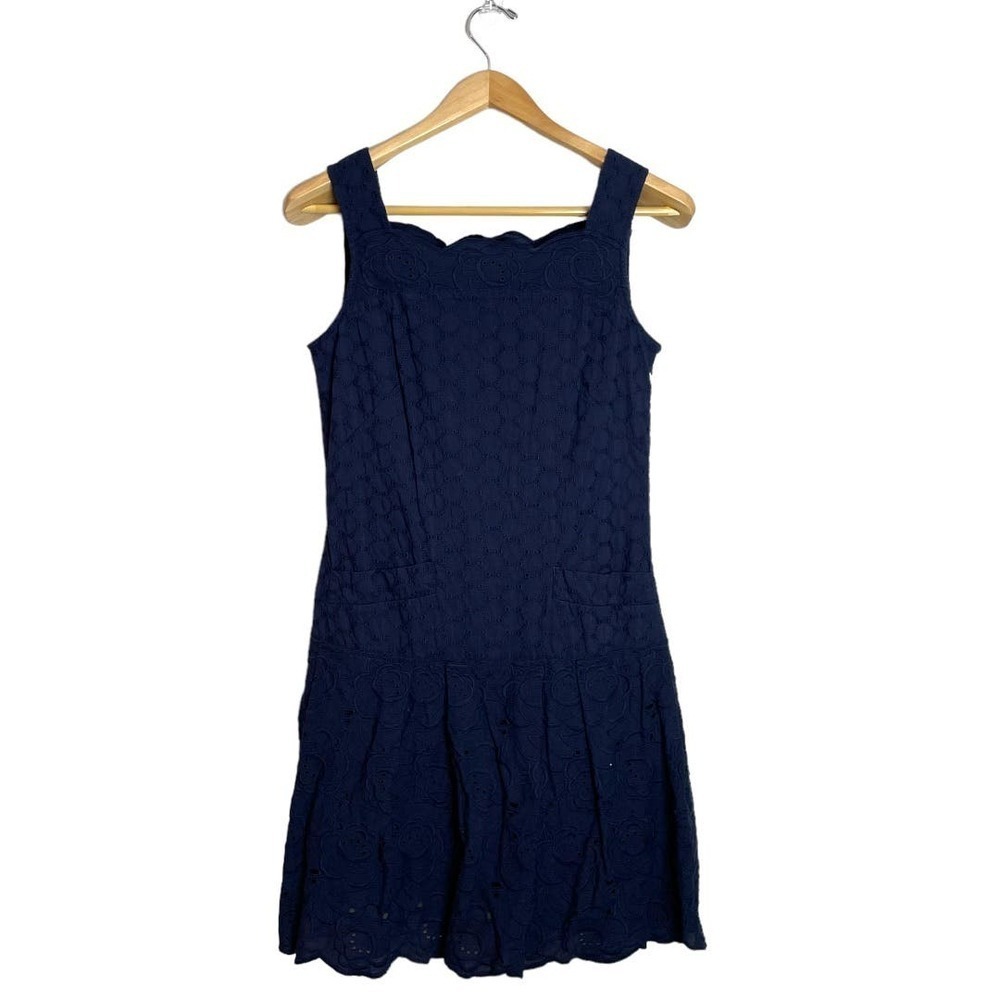 Brooks Brothers Navy Drop Waist Cotton Eyelet Scalloped Trim Dress Size 6